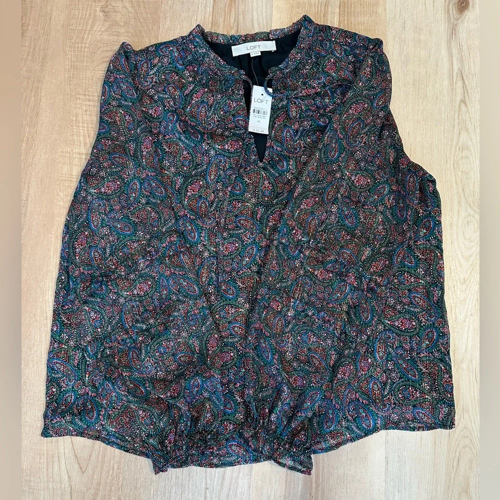 LOFT Women's Multicolor Shimmer Paisley Smocked Ruffle Tie Neck Blouse Sz M - Picture 4 of 13